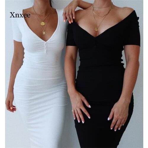 Summer Womens Knitted Dress Sexy Short-Sleeved Casual Elastic Stretch Elegant V-Neck Womens Solid Color Dress
