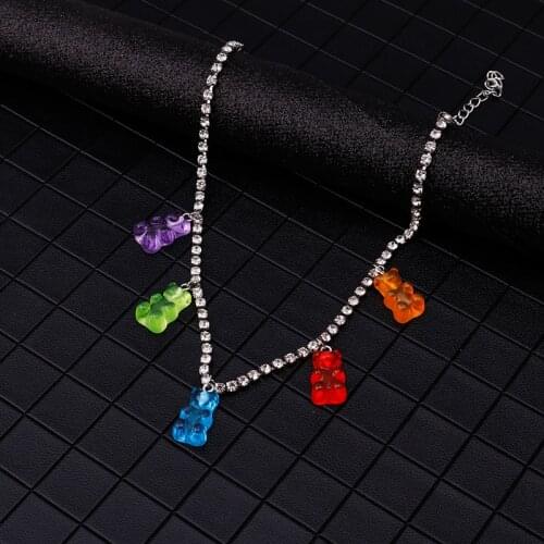 Cute Judy Cartoon Bear Crystal Chain Necklaces Candy Color Choker Pendant for Women&Girl Daily Boho Jewelry Party Gifts