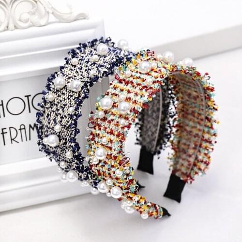 Shining Pearls Hairband Lady Woven Plaid Headband Soft Bohemia Hair Ornament Autumn Casual Fashion Hair Accessories
