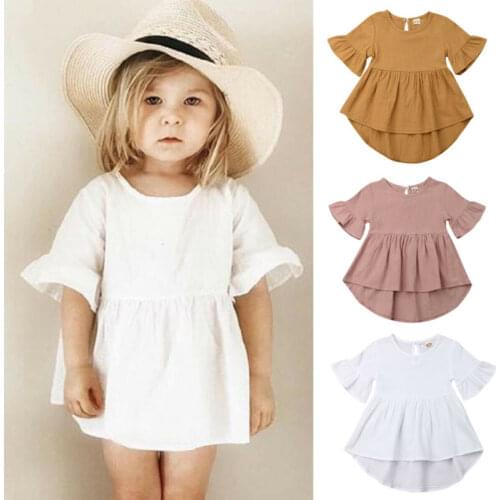 Toddler Baby Girl Solid Color Clothes Short Sleeve Dress Summer Cotton Linen Dresses Fashion Kids Girls Sundress 1-5T