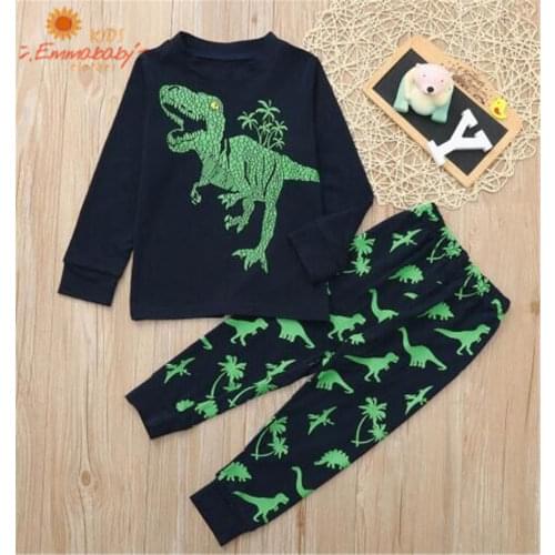 Autmn Boy 2020 New Home Wear Little Boy Dinosaur Print Pajamas Set Autumn Long Sleeve T-Shirt + Trousers 2 Pcs Casual Clouthes