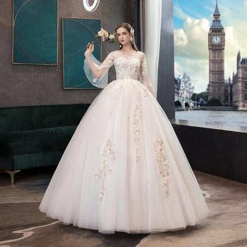 Wedding Dress 2020 New Elegant V-neck Full Sleeve Wedding Gowns Vestido De Noiva Champagne Lace Embroidery Slim Bride Dress Robe