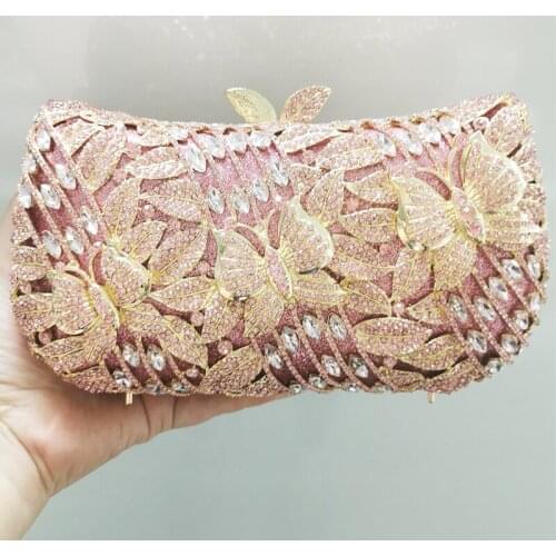 WHTUOHENG Pink Diamond Gold Metal Purse Hollow Out Evening Bags Women Wedding Bridal Purses New Elegant Hard Box Chain Handbag