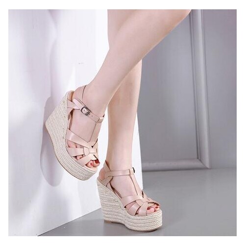 Carpaton Summer Newest Rope Braided Platform Wedge Sandal Woman Sexy Open Toe T-strap Leather Shoes Cutouts Gladiator Sandals
