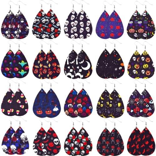 Saints' Day Evening Bat Skull Spider Print Faux Leather Drop Dangle Earrings for Women Fashion Halloween Party Jewelry AM3270