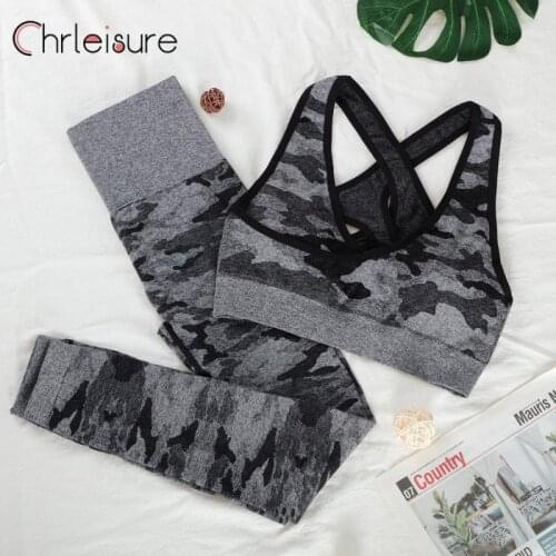 CHRLEISURE 2PCS Camo Yoga Set Women Sports Wear Gym Fitness Booty Yoga Leggings + Sport Bra Gym Sport Suit Camouflage Tracksuit