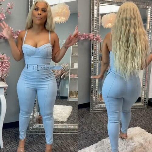 Sexy Bodycon Denim Jumpsuit Women Backless Spaghetti Strap Birthday Outfits for Women Overalls Sleeveless One Piece Rompers Jean