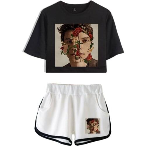 Shawn Mendes Printed Sexy Two Piece Set Summer Short Sleeve Tracksuit Women Cotton Crop Top + Shorts Sets Women 2 Piece Outfits