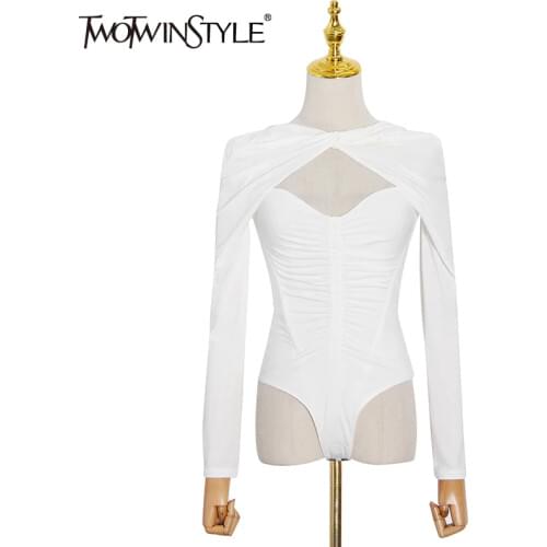 TWOTWINSTYLE Hollow Out Knitted Jumpsuit For Women O Neck Long Sleeve High Waist Sexy Slim Bodysuit Female Fashion New Clothes