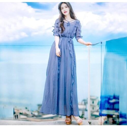 Women Chiffon Dress Autumn Elegant Ruffle Sleeve V-neck Lotus Leaf Long Dresses Girls Casual Fashion Blue Dress