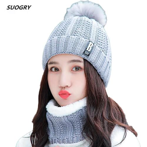 Winter Hat Womens Beanie Hats Thick Warm Skullies Winter Knitted Women Hat Letter Bonnet Beanie Cap Outdoor Riding Hat Scarf Set