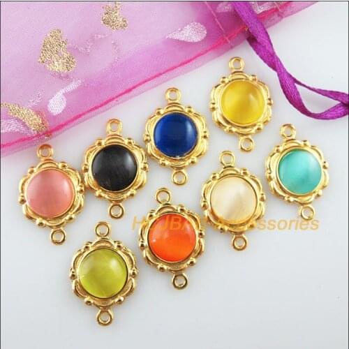 16Pcs New Flower Charms Gold Color Cat eye Stone Mixed Connectors 15x23mm