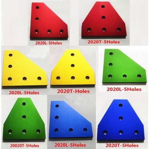 20/10/5pcs 2020 L-Shaped and T-Shape 5Holes Aluminium Joining Plates Connectors Corners 90 Degrees Red/Yellow/Green/Blue