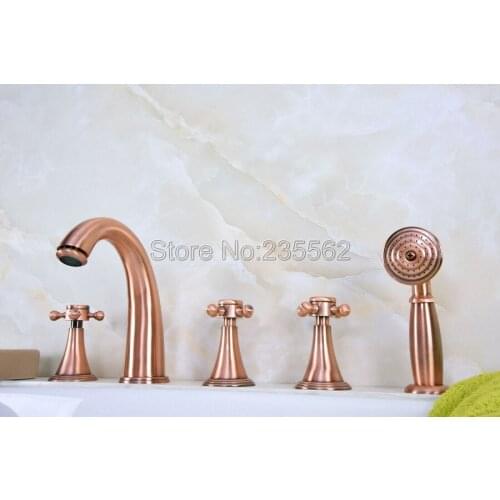 Antique Red Copper Roman Bathtub Mixer Faucet Set w/ Handheld Shower 5 Holes Tap Deck Mounted lna205