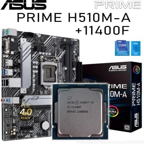 Asus LGA 1200 PRIME H510M-A H510 With Intel Core i5 11400F CPU Motherboard Set PCI-E 4.0 DDR4 64GB 3200(OC) Placa-mãe Kit New