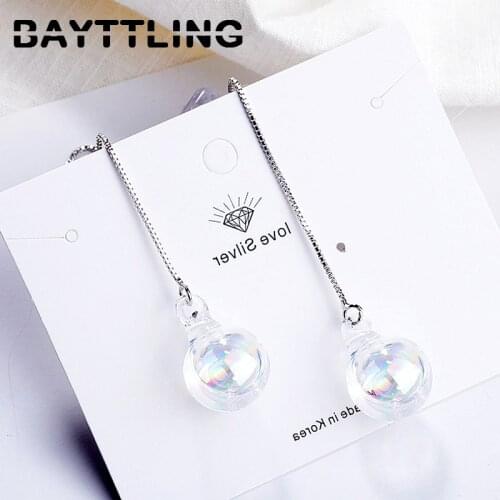 BAYTTLING 925 Sterling Silver Fine Glass Beads Tassel Long Earrings For Couples Women Fashion Charm Wedding Jewelry Gifts