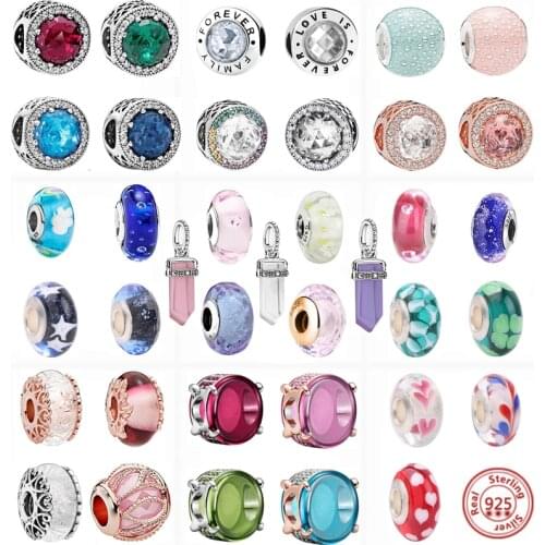 925 Silver Colorful Lampwork Glass Beads Stone Murano Flower Charms Fit Original Pandora Bracelet Bangle Women Girls DIY Jewelry