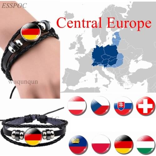 Central Europe: Austria Poland Germany Slovakia Flag Black Bracelet Glass Dome Jewelry Leather Button Men Bangle Gifts