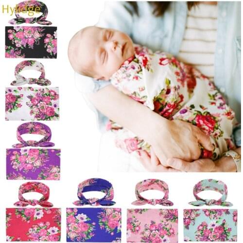 Hylidge Children Baby Swaddle Wrapping Cloth Newborn Muslin Blanket Rabbit Ear Headband Set Flower Peony Baby Girls Sleeping Bag