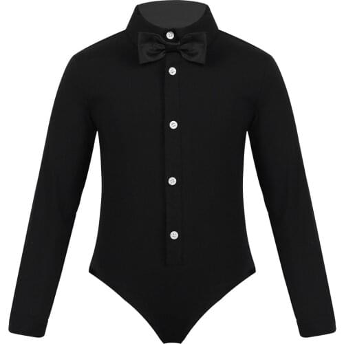 Kids Boys Gentleman Shirt Romper Formal Modern Latin Dance Leotard Clothes Lapel Bowtie Bodysuit for Stage Performance Dancewear