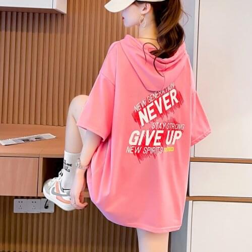 Large Size Hooded T Shirt Womens Short Sleeve T Shirt Oversized Hoodies Summer Korean Student Loose Half-sleeved Top Tide Ins