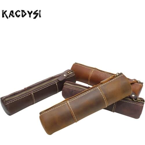 Original Genuine Cowhide Leather Men Organizer Wallet Pencil Case Retro Fashion Stationery Pouch Coin Pouch Zipper Pen Bag Purse