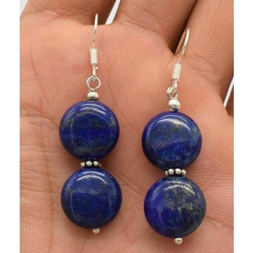 Fashion Blue 12mm Coin Shape Lapis Lazuli beads Silver Hook Earrings