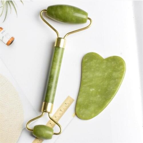 2pcs Facial Massager Roller Natural Jade Stone Guasha Board Scraper Set Face Lift Skin Relaxation Slimming Beauty Neck Thin Lift