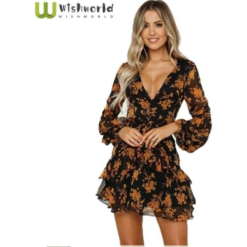 The New 2021 Autumn Summer V-neck Long-sleeve Dress Fashion Sexy Belt Printing Printing Bohemian Mini-skirt