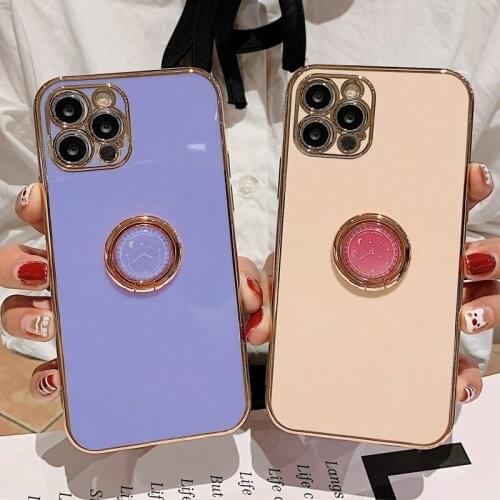 Plating Edge Solid Shockproof Camera Protection Case for iPhone 12 Mini 11 Pro XS Max Watch Style Finger Ring Holder Stand Cover