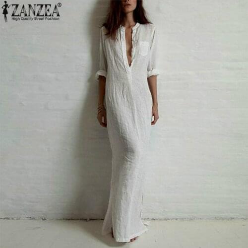 Elegant Maxi Shirt Dress Women Summer Sundress 2021 ZANZEA Vintage Sexy V Neck Split Long Vestidos Female Long Sleeve Tunic Robe