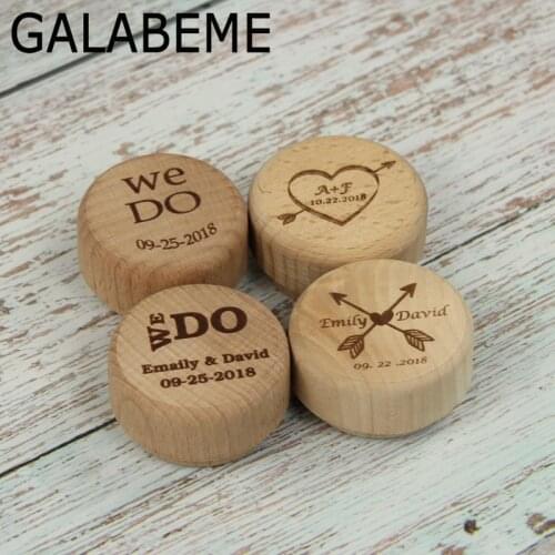 Custom LOGO Rustic Wedding Ring Bearer Engraved name date Wood Round Ring Box Wedding Ring Box Wooden Personalized Ring Box