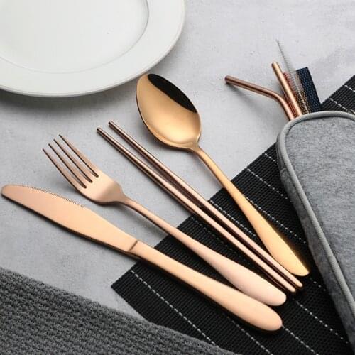 Camping Reusable Knife Fork Spoon Chopsticks Straw Stainless Steel Travel Cutlery Set With Bag