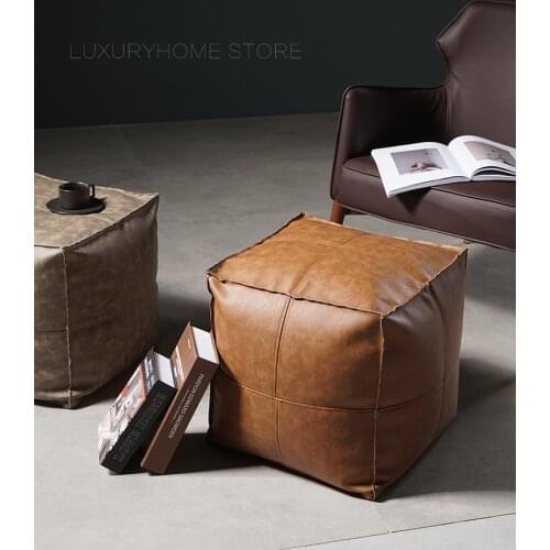 Modern Design PU Leather Soft Upholstered Cube Bean Bag Fashion Sofa Square chair Shoes Low Stool Ottoman Storage Cover 1PC
