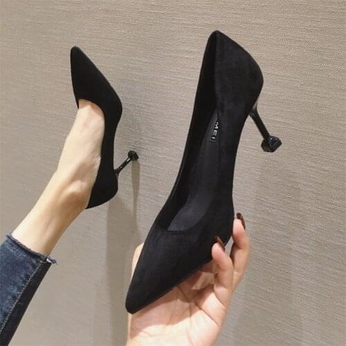 Women pumps Flock Slip On 5CM 7CM Thin Heels High heels Pointed Toe Shallow shoes for women women shoes 2020 size 35-42 black