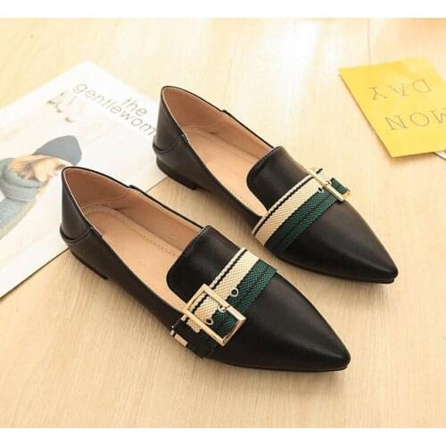 Large Size Spring/Summer Black/White Pointed Flats Shoes Woman Belt Buckle Flats Fashion Bridal Shoe Work Women Shoes 34-43