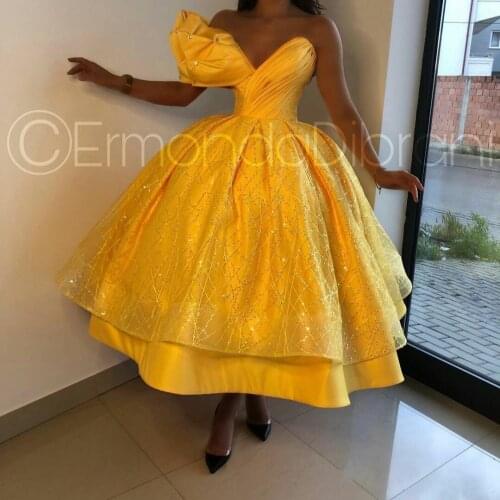 Yellow Ball Puffy Prom Dresses Sweetheart Crystal Sequins Cocktail Dress Party Wear Ankle Length Custom Made Formal Gowns