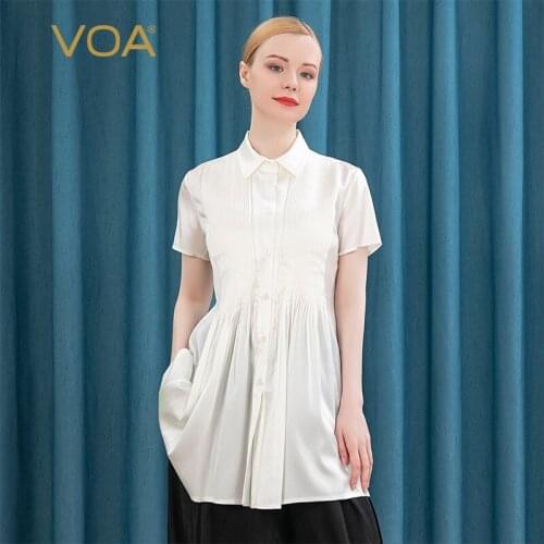 VOA 19m/m Satin Silk Smooth Stretch Polo Collar Short-Sleeved Tucker Pleats Panel Single-Breasted Shirt Women B4100