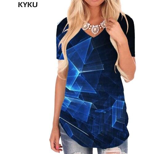 KYKU Abstract T Shirt Women Psychedelic Funny T shirts Art V-neck Tshirt Dark Blue T-shirts 3d Womens Clothing Fashion Loose