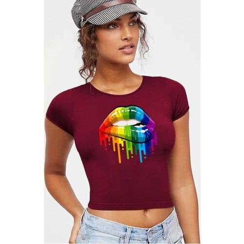 2021 New Style Summer Women Navel T-Shirt Female Solid Heart Lip Printed Casual Sexy Slim Short Sleeve Crop Top Vest Streetwear