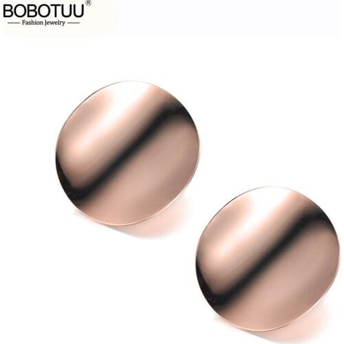 BOBOTUU Trendy Titanium Stainless Steel Geometric Bending Circle Earrings For Women Bohemia Rose Gold Hyperbole Earring BE19208