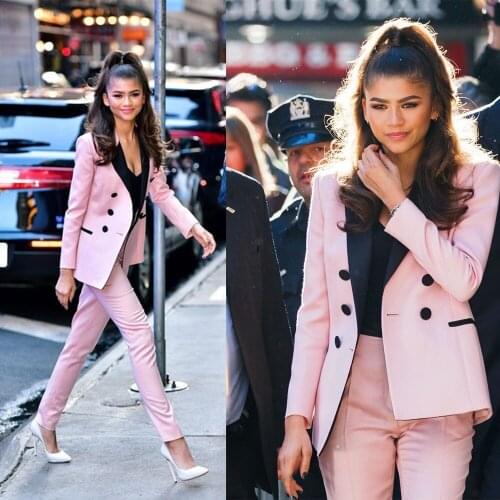 Celebrity Fashion Patchwork Women Blazer Suits Black Lapel Pink Slim Fit Jacket Streetwear Star Show Dress