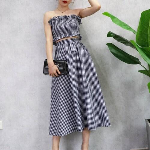 2021 Women Summer Boho Beach Dress 2pcs Suit Set Plaid Short Design Crop Top High Waist A-Line Pleated Skirt