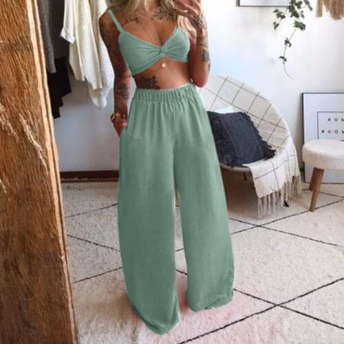 2021 Fashion Women Set Crops Tops+Long Pants 2 Piece Set Casual Solid Sleeveless Women Sexy Camisole Elastic Waist Trousers Suit