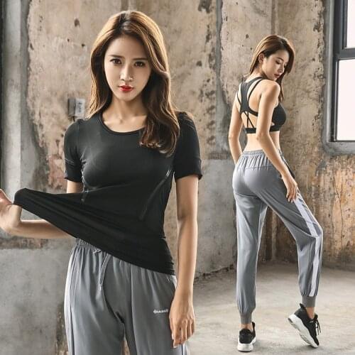 Women Sport Suit Sexy Yoga Set Women Fitness Running T Shirt + Bra+Loose Jogger Pants Breathable Gym Workout TrackSuit Clothes