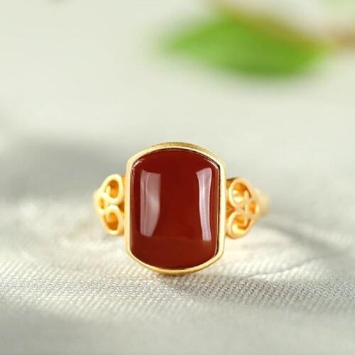 Natural South Red Agate Ring Female S925 Silver Gold-plated Personality Index Finger Ring Square Elegant Adjustable Bra