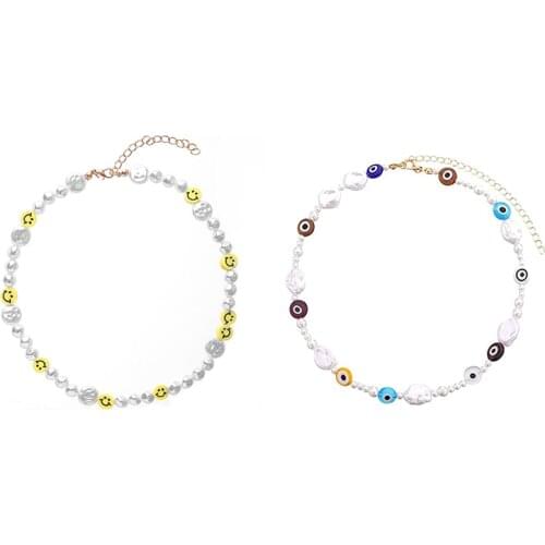 Korean Bohemian Evil Eye Imitation Pearl Necklace for Women Sweet Girls Choker Necklace Multicolor Flower Beads Necklace Jewelry