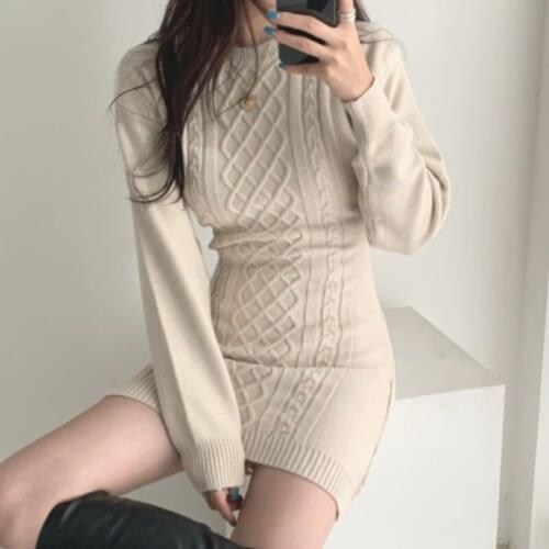 Female Mini Knitwear Dress Slim Wrap Bodycon Thick Autumn Winter Sexy Dresses Knitted Pullover Women Elegant Sweaters Dress
