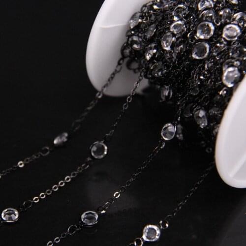 6mm Faceted Round slice Glass Chains,Plated Black Tone Wire Wrapped Clear Glass Coin beaded Rosary Chain,DIY woman sweater chain