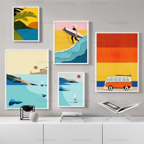 Abstract Landscape Nordic Poster Travel Surf Diving Palm Leaf Wall Art Print Canvas Painting Wall Pictures for Living Room Decor